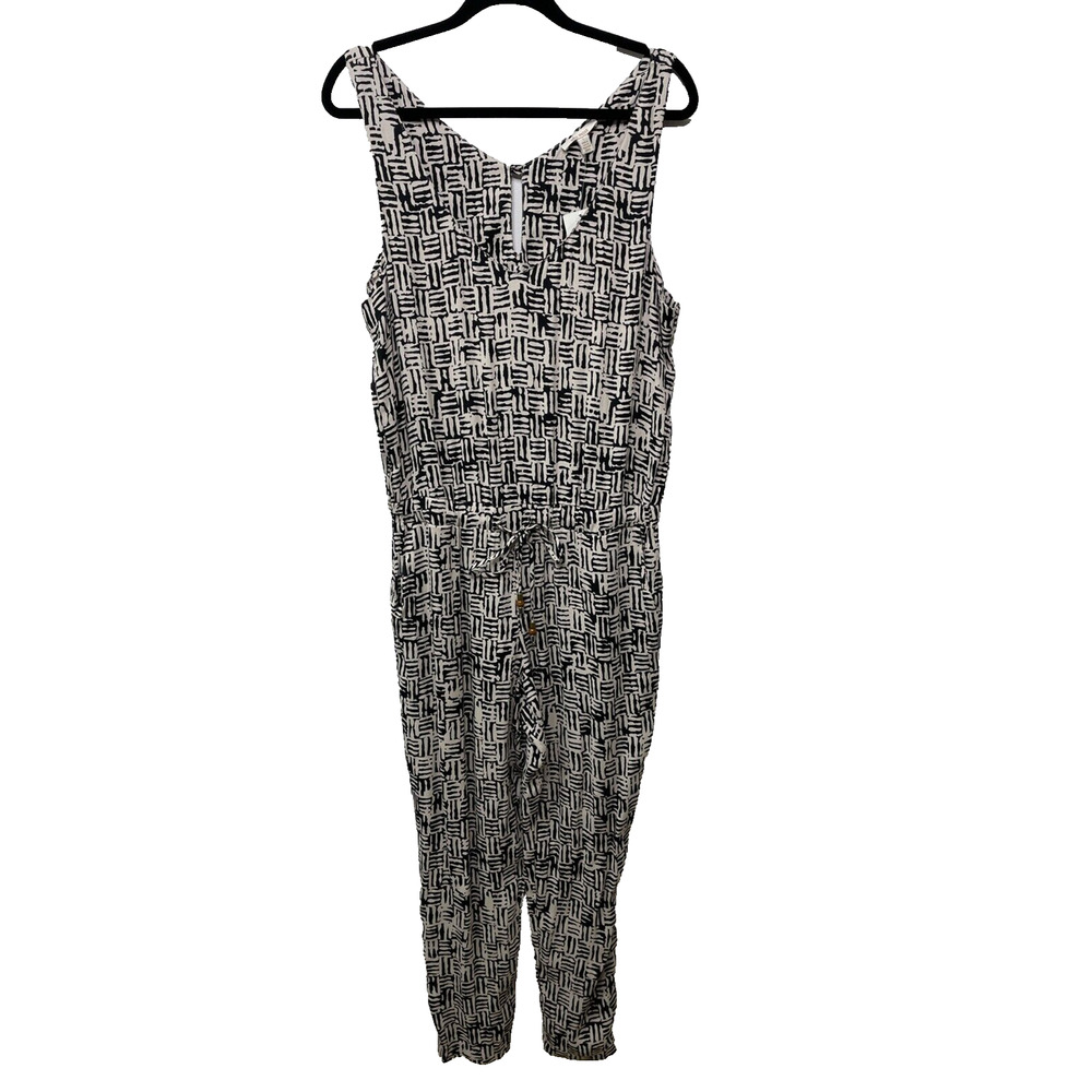 Ella Moss Jumpsuit Black Cream Print Sleeveless Drawstring Waist L NWT Abstract‎